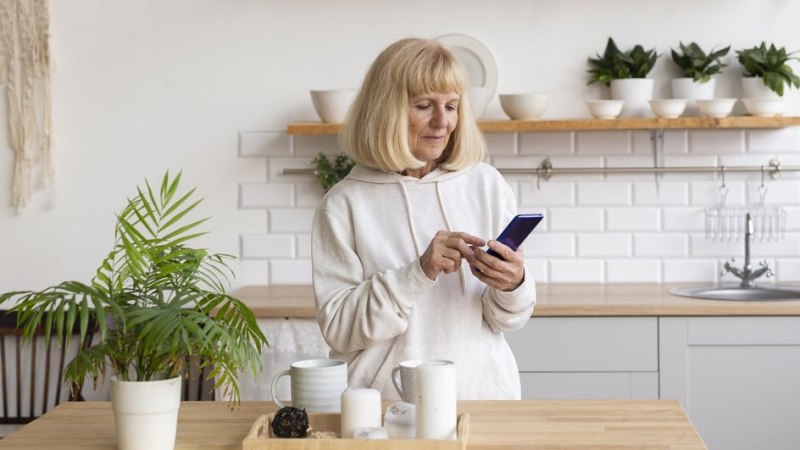 Женщина на кухне читает с телефона домовой чат